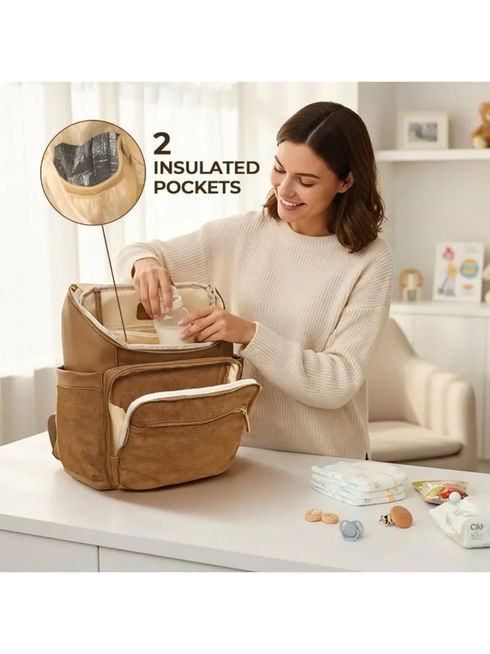 Large Suede Diaper Bag Backpack with 14 Pockets, Waterproof Wet Pocket, Luggage